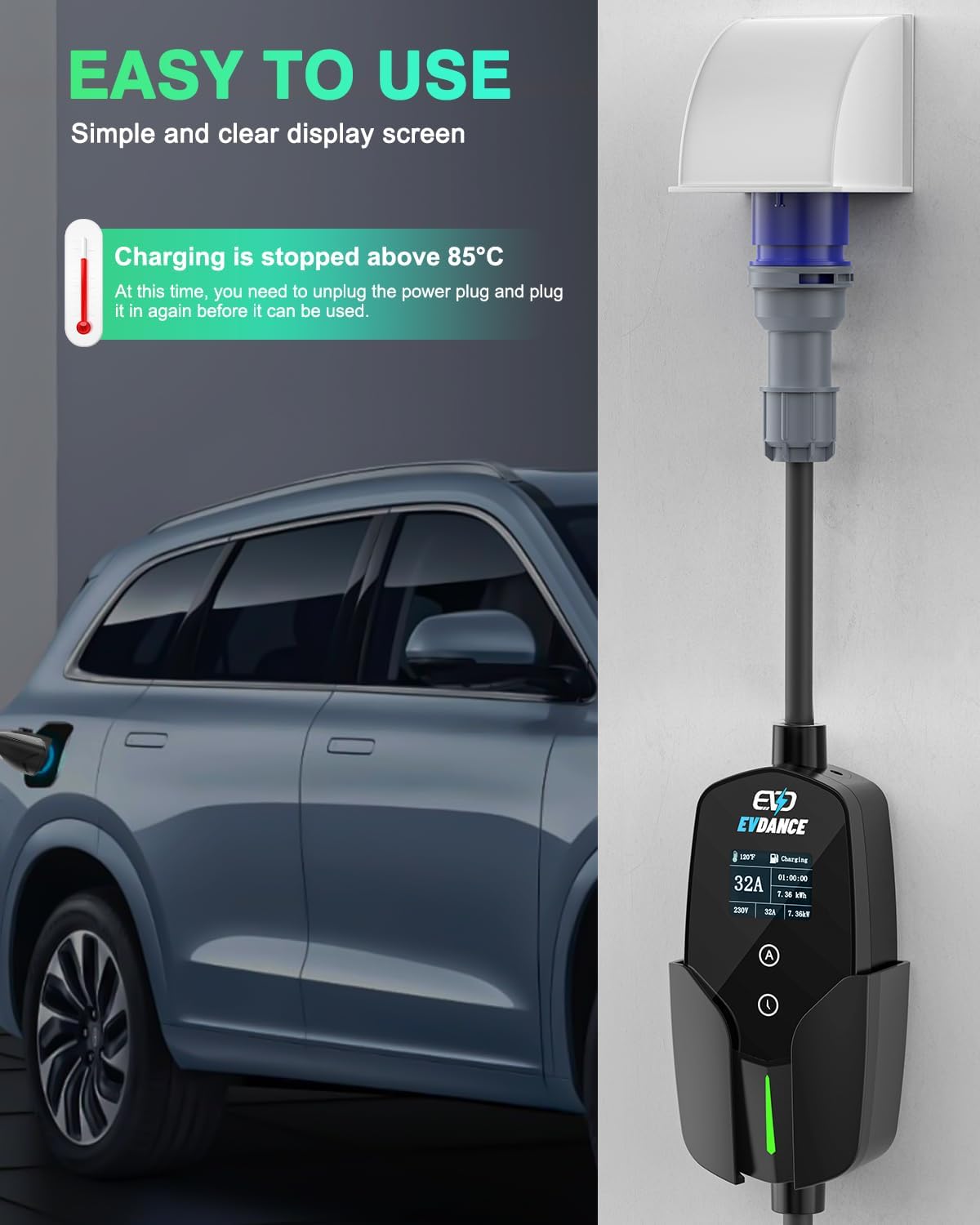 EVDANCE 32A tipo 2 caricatore  - Portable Ev Charger 32A Type 2 Cee Plug recensione e prezzo